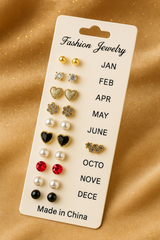 12 Pair Mixed Style Stud Earrings Set for Women – Golden Copper with Micro-Paved Cubic Zirconia
